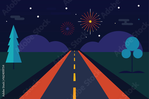night road scene with fireworks in the distance  .eps