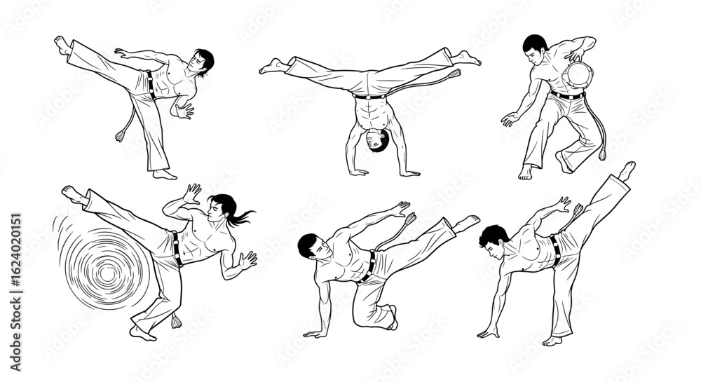 Fototapeta premium Explore capoeira moves and martial arts techniques in this dynamic action pose illustration style artwork on transparent background