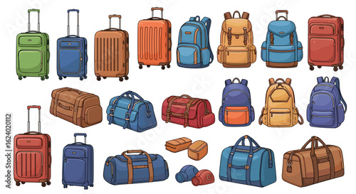 Explore diverse luggage options: rolling suitcases backpacks and duffel bags for every travel adventure needs on transparent background