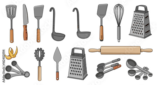 Assorted kitchen utensils illustration spatula knife ladle grater whisk rolling pin measuring spoons set tool on transparent background