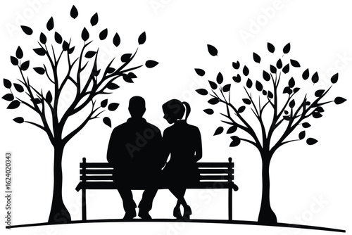 park scene with couple sitting on a bench under co.eps