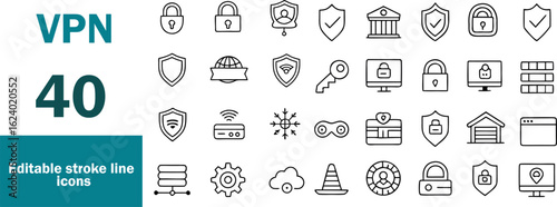 VPN Line Icon Set. Containing secure internet, virtual private network, encryption, data protection, server, firewall, IP hiding, anonymous browsing, online privacy, proxy access and more.