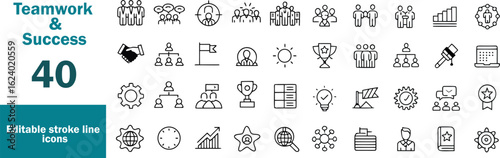Teamwork Line Icon Set. Containing collaboration, group task, brainstorming, discussion, leadership, remote work, project teams, coordination, shared goal, communication and more. Editable line icons