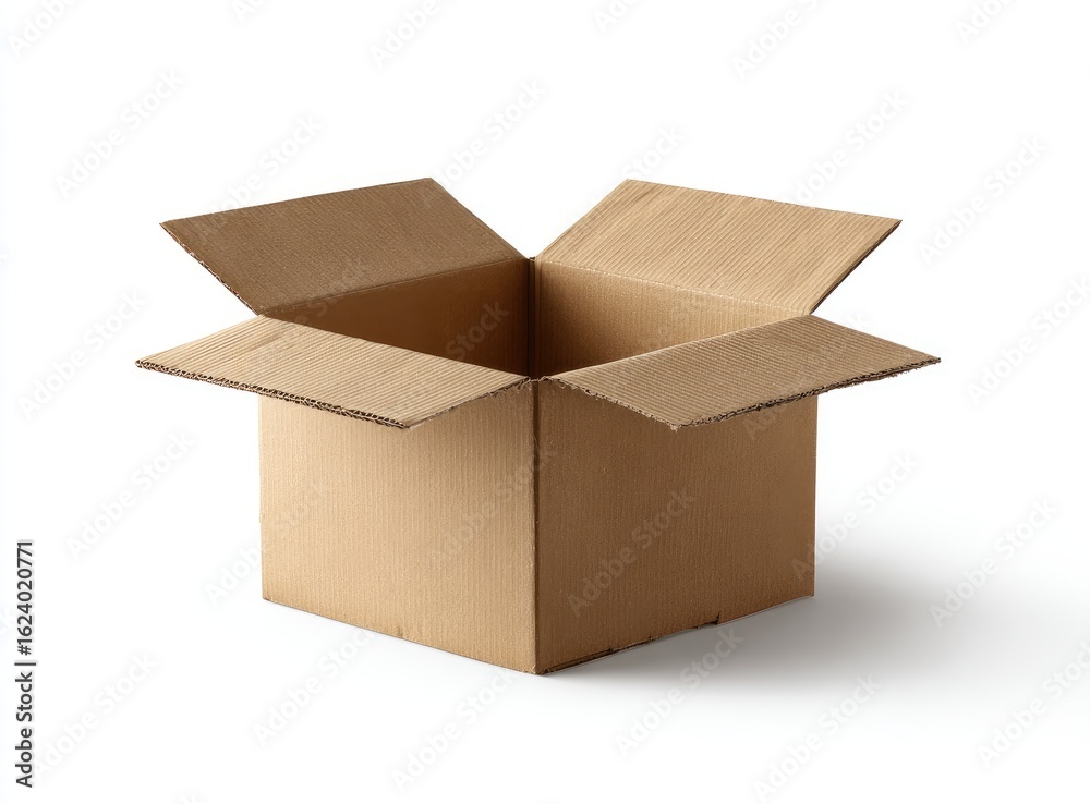Empty, light-brown cardboard box, square shape, open flaps, isolated on white background, casting a subtle shadow Empty, light-brown cardboard box, square shape, open flaps, isolated on white background, casting a subtle shadow
