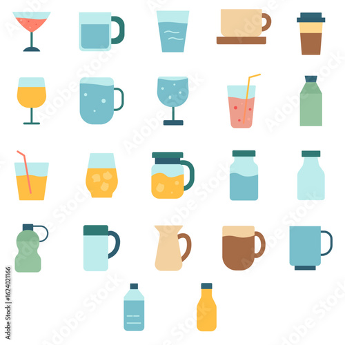 Flat Cocktail Glass Icon Set