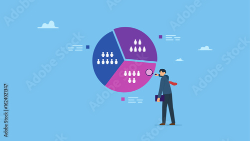 Businessman analyzing customer segment pie chart. Customer segment analysis for marketing or advertising concept, target audience, consumer or user group.