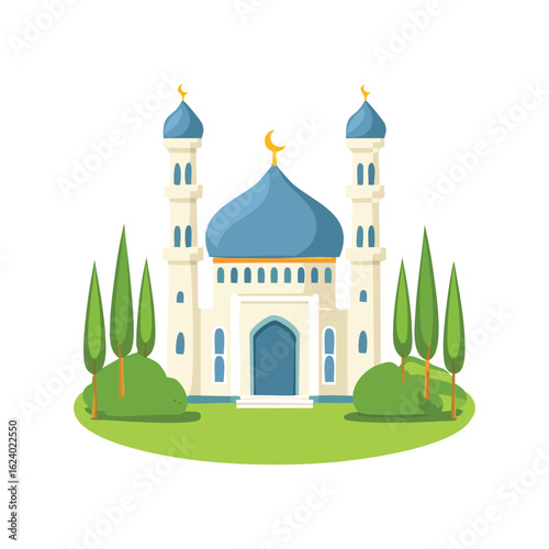 Flat vector Mosque in a green oasis