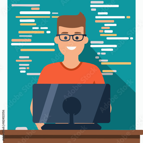 Flat-style illustration of a coder at a desk