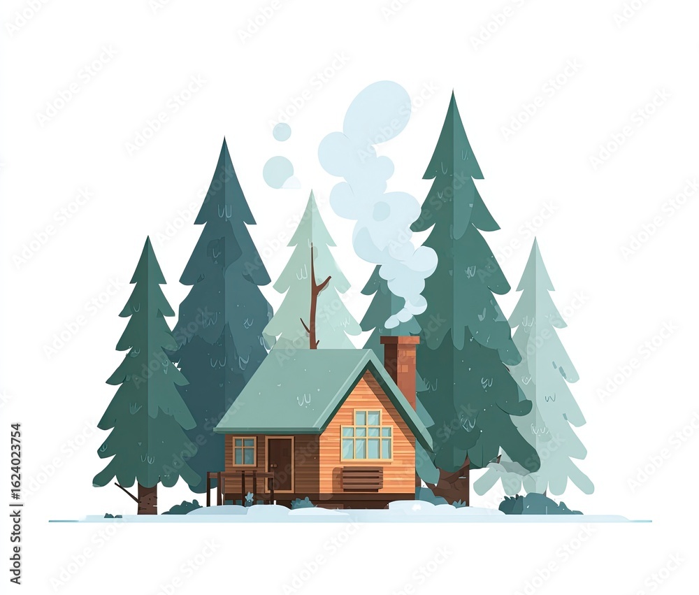 Naklejka premium Cozy cabin winter forest snowy landscape, postcard