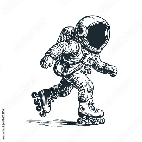 Astronaut on roller skates. Black white vector illustration.