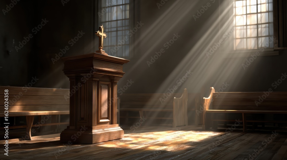 Naklejka premium Sunlight streams through church windows, illuminating a wooden pulpit with a cross in an empty, peaceful sanctuary