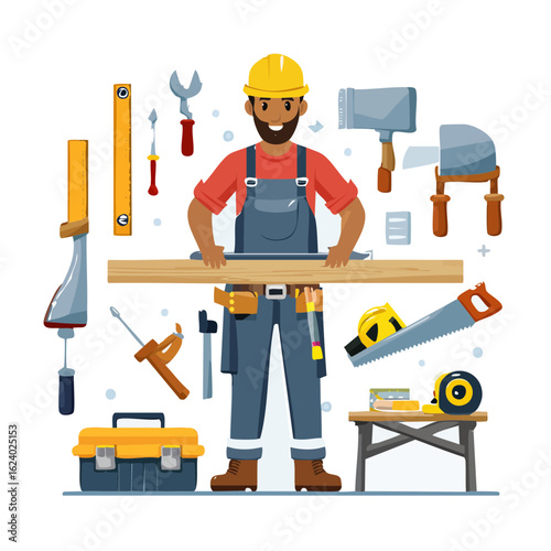 Friendly carpenter character with a collection of woodworking tools for construction and renovation projects.