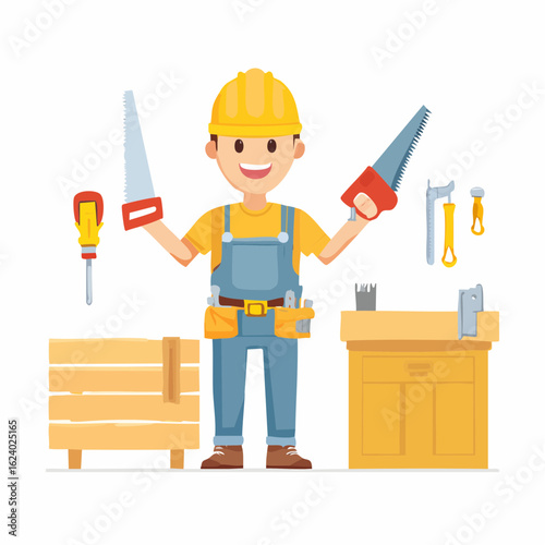Happy carpenter character illustration with tools and a workbench. A friendly construction worker in a hard hat holding saws for a woodworking project.