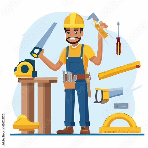 A cheerful carpenter character in a hard hat and overalls, surrounded by a set of woodworking tools like a saw, tape measure, and level for building and repair.