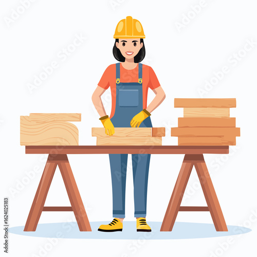 Female carpenter in a hard hat and work gloves processing wood planks at a workbench. Flat vector illustration of a construction worker.