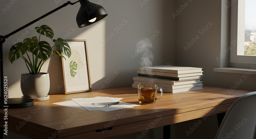 Obraz premium Serene workspace bathed in gentle sunlight, featuring tea, books, and a plant for a calming