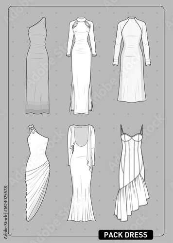 Fashion vector pack of elegant women's dresses featuring multiple skirt styles: asymmetrical draping, fishtail, layered ruffles, pleated and fitted silhouettes. Ideal for urban fashion concepts