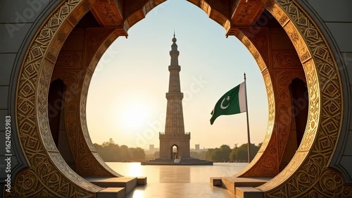 Minar e pakistan and pakistan flag seen through ornate archway at sunrise in lahore pakistan