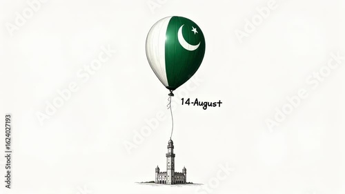 Pakistan flag balloon floating above a building with the text august fourteenth on a white background