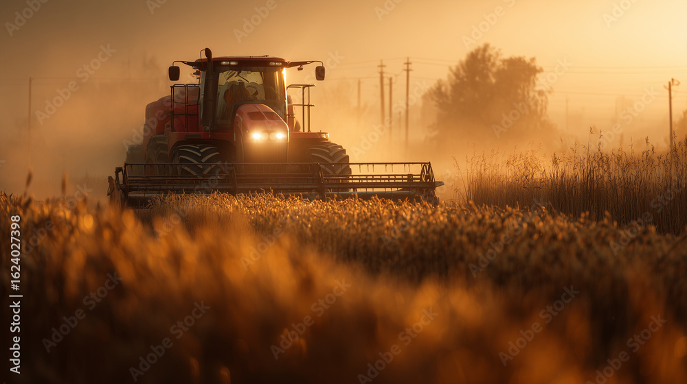 Fototapeta premium Golden Harvest: An agricultural machine tirelessly harvests the sun-kissed crops in a field, as the golden light of dawn embraces the countryside.