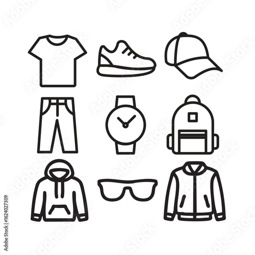 Line Art Icons of Fashion Apparel and Casual Clothing Accessories, Isolated on White Background.