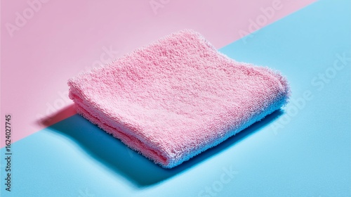 Pink Towel on Pastel Surface: A soft, pink towel lies neatly folded, presented on a bi-color pastel surface that enhances its textures and shades
