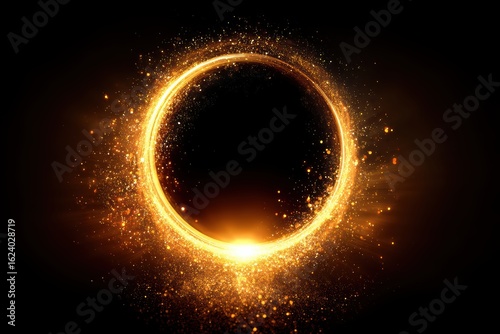 A glowing golden ring of light with sparkling particles on a dark background, creating a magical and cosmic atmosphere