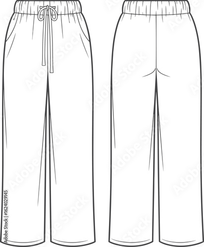 CAD vector illustration of casual drawstring pants, front and back flat view, fashion technical sketch, clothing design template, outline  vector illustration of casual drawstring pants, 