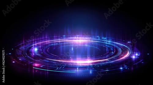 A glowing, futuristic, circular digital interface with neon blue and purple lights against a dark background