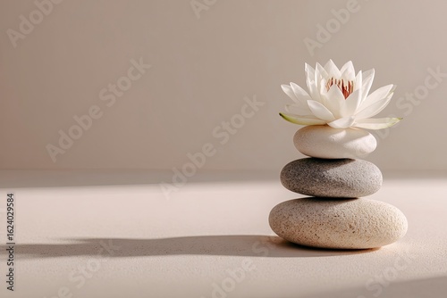 Serene water lily atop balanced stones, neutral background, sunlight, spa concept