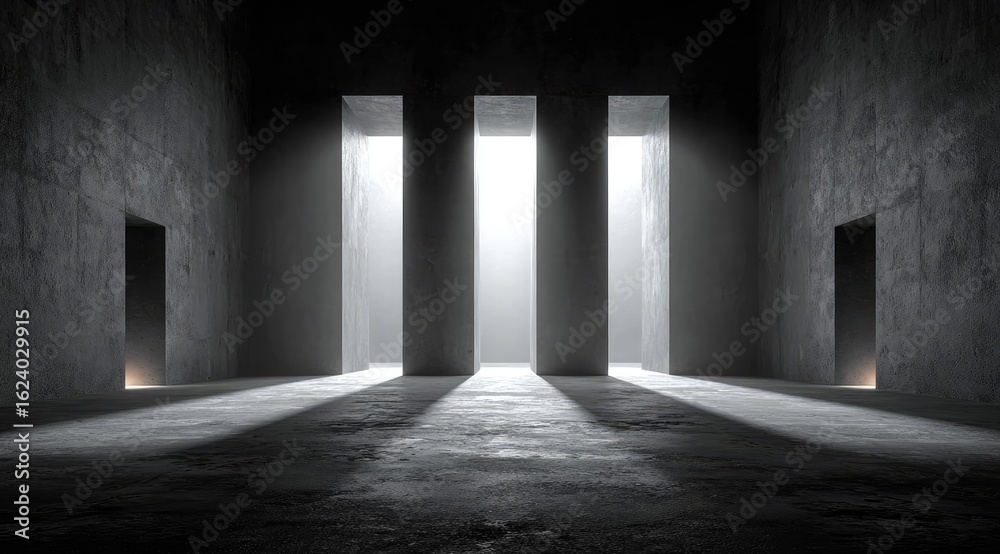 Fototapeta premium Dark, empty room with three light shafts illuminating a concrete floor