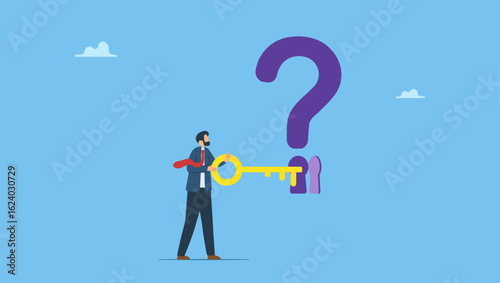 Businessman holding big key to unlock keyhole on question mark sign. Symbolizes key to unlock answers for problem and questions concept, solving problems, overcoming obstacles.