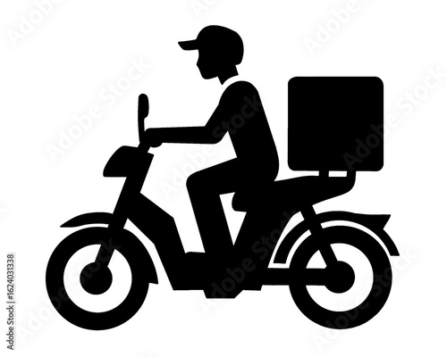 Courier silhouette, motorcycle icon carrying package, order delivery, isolated icon on white background
