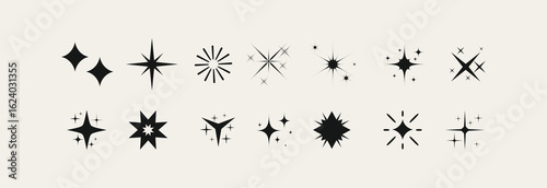 Set of blinking stars, sparks and sparkles. Shining twinkle sunburst shapes collection. Magic light flare pack for design template, poster, banner, brochure, leaflet. Vector ilustration