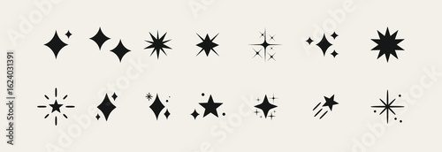 Set of blinking stars, sparks and sparkles. Shining twinkle sunburst shapes collection. Magic light flare pack for design template, poster, banner, brochure, leaflet. Vector ilustration