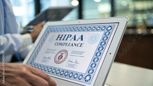 Certificate of HIPAA Compliance on Digital Tablet in Medical Office