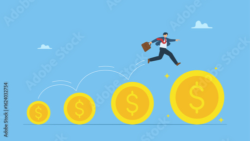 Businessman jumping on bigger money coin. Raise salary increase, wages or income growth concept, investment profit and earning rising up, career development or wealth management.