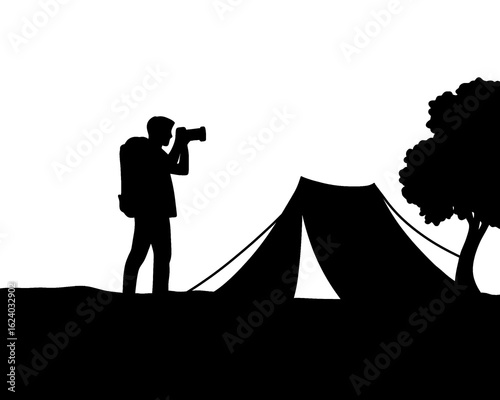 Camping silhouette, vector illustration, man camping with tent
