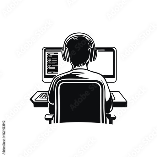 Programmer Vector Illustration – Developer at Computer Desk, Coding, Minimalist Design