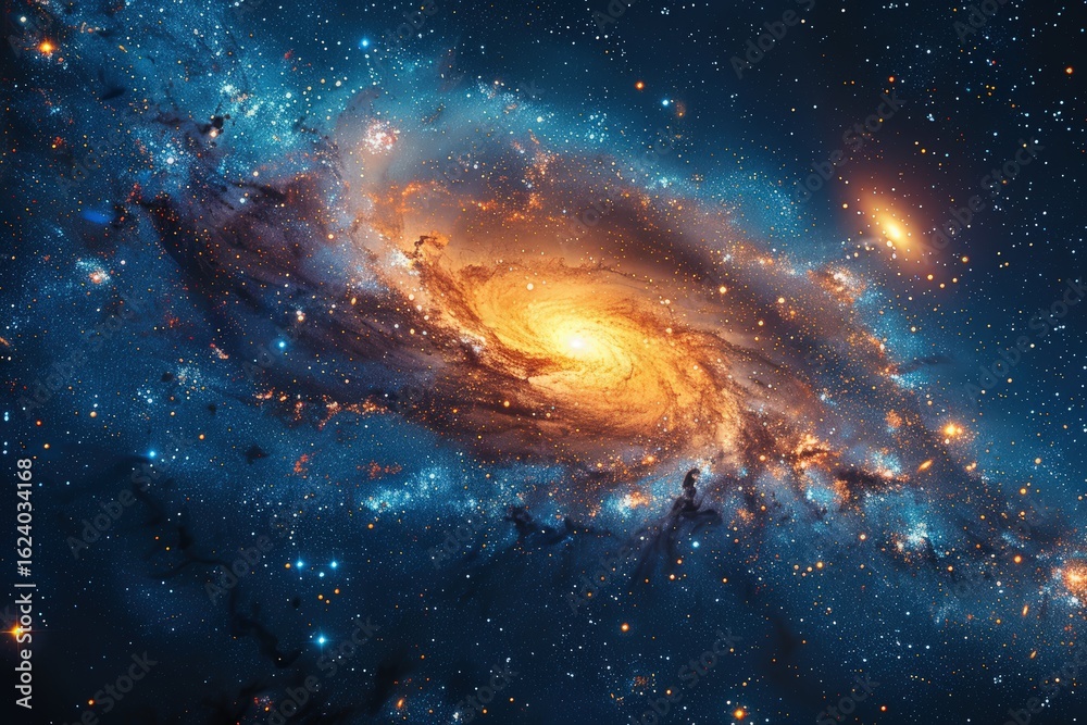 Fototapeta premium Vibrant indigo orange spiral galaxy swirl with bright stars and cosmic dust illuminates deep space astrophotography universe image, celestial wallpaper.