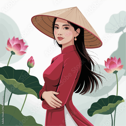 Elegant Vietnamese Woman in Áo Dài with Conical Hat