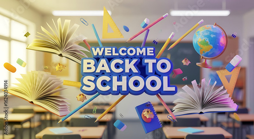 Enthusiastic welcome back to school message with vibrant books and school supplies in class