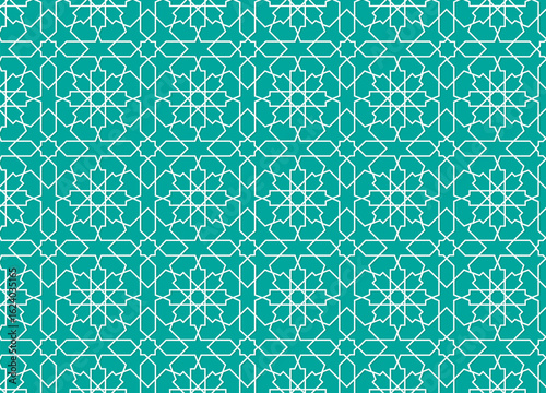 Seamless Islamic vector pattern white thin outline with green background