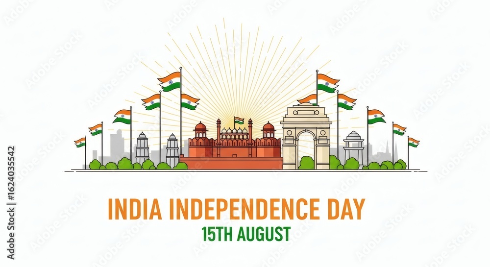 A celebratory line art graphic for India Independence Day, featuring the historic Red Fort and India Gate with national flags.