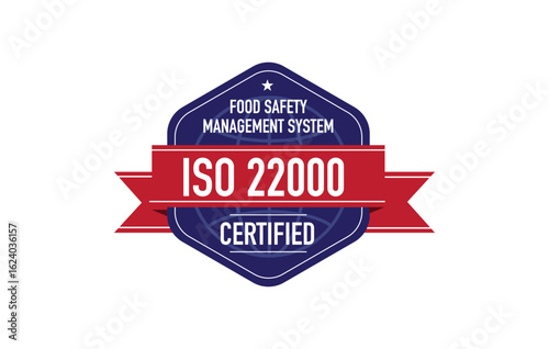 Iso 22000 occupational healh and safety management system certified vector label illustration. Standard quality symbol