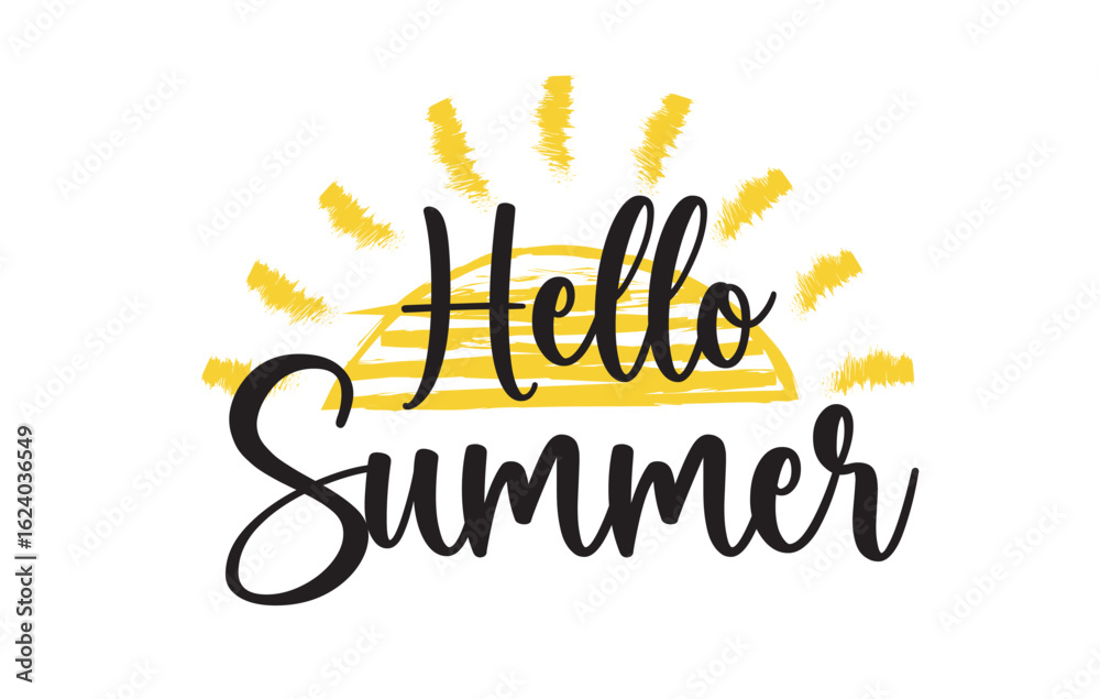 Fototapeta premium Hello Summer hand drawn lettering with sun vector design