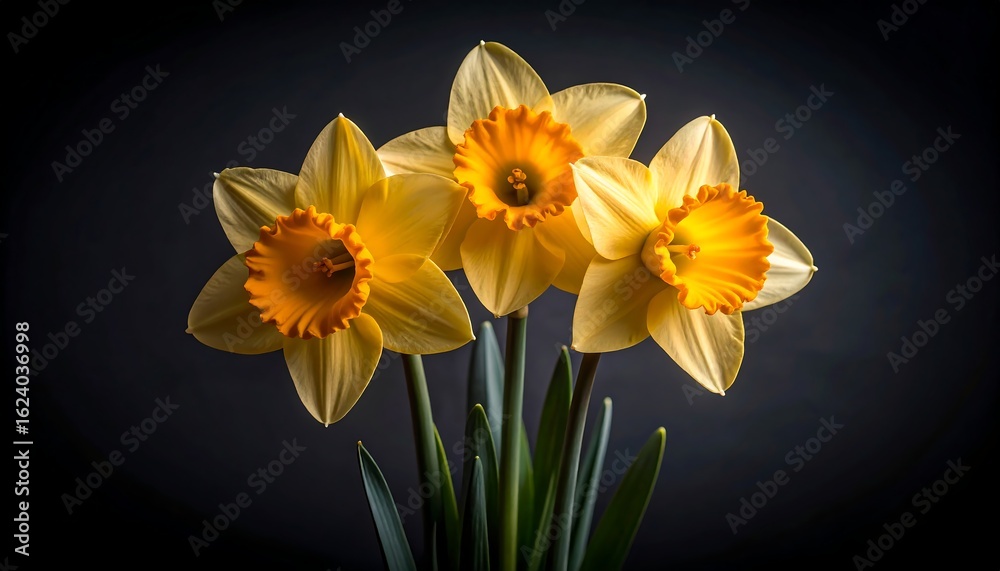 Naklejka premium Close-up of three daffodils against dark background