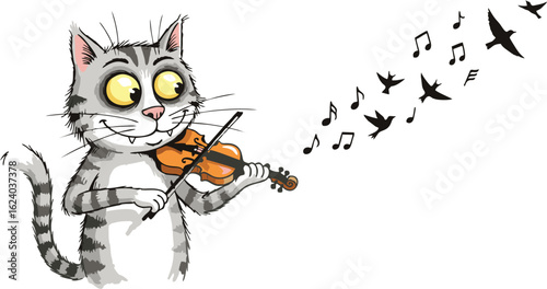 Playful tabby cat jumping to catch a fish, with competition winner icons like a podium and award ribbon