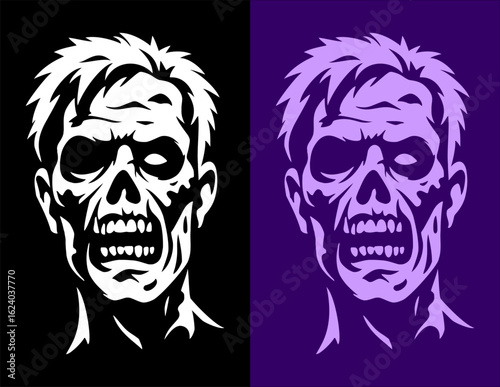 Monochrome Zombie Face Illustration – Horror Undead Skull Art in Bold Graphic Style
