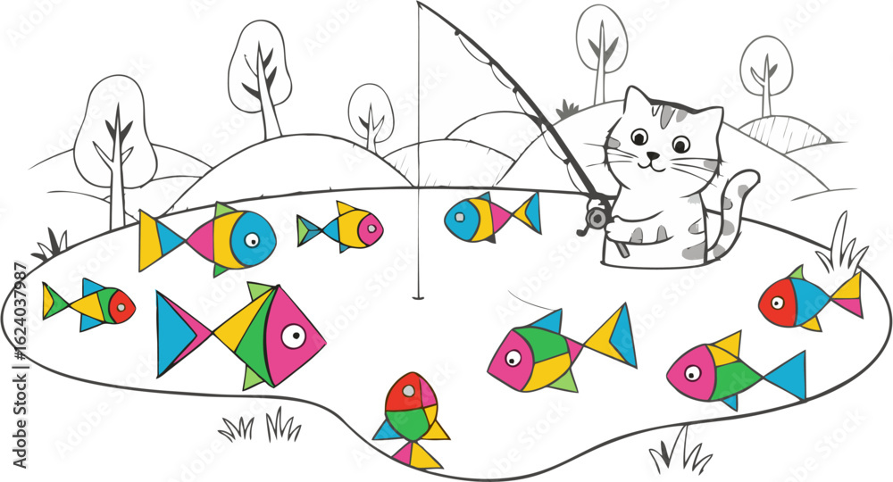 Fototapeta premium Vector illustration of a cute cartoon cat fishing for colorful geometric fish in a pond. A playful recreational hobby concept for children.